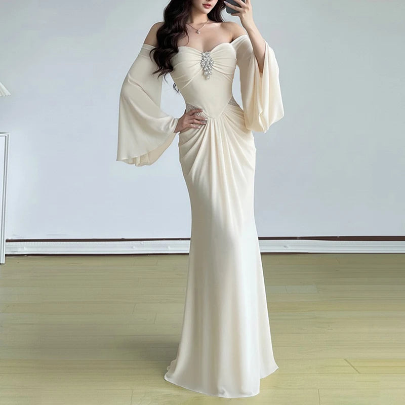 2026 Sexy Backless Draped Party Dress Elegant Strapless Flared Sleeves Evening Dress Women Fashion Hight Waist Solid Long Dress