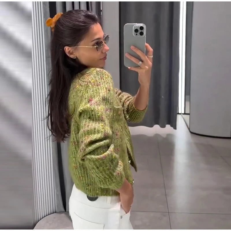 Blue Jacquard Stand Collar Zipper Cardigan for Women