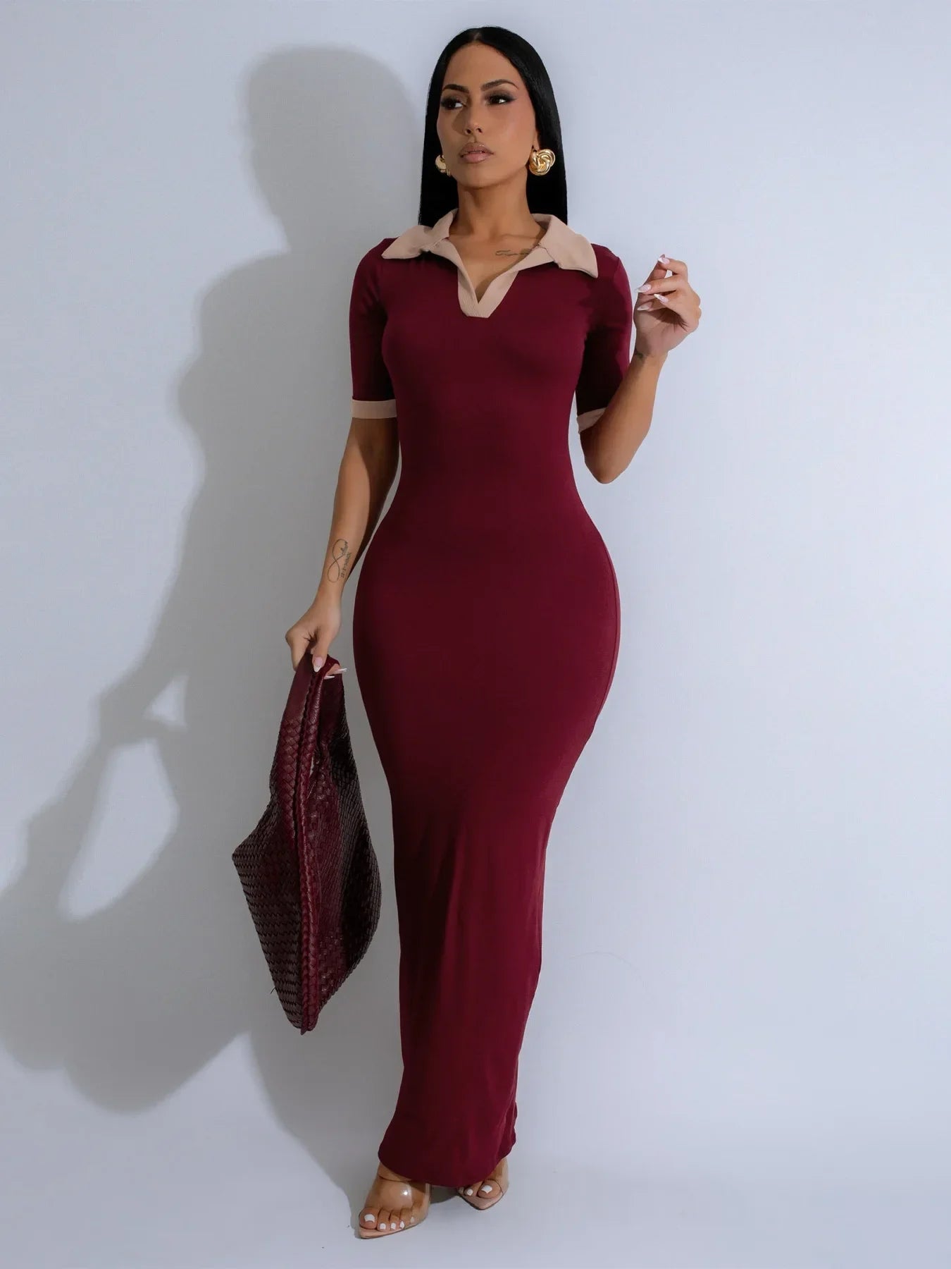CM.YAYA Knitted V-Neck Women Short Sleeve Bodycon Long Dress 2025 Summer Sexy Night Club Birthday Party Active Maxi Dresses