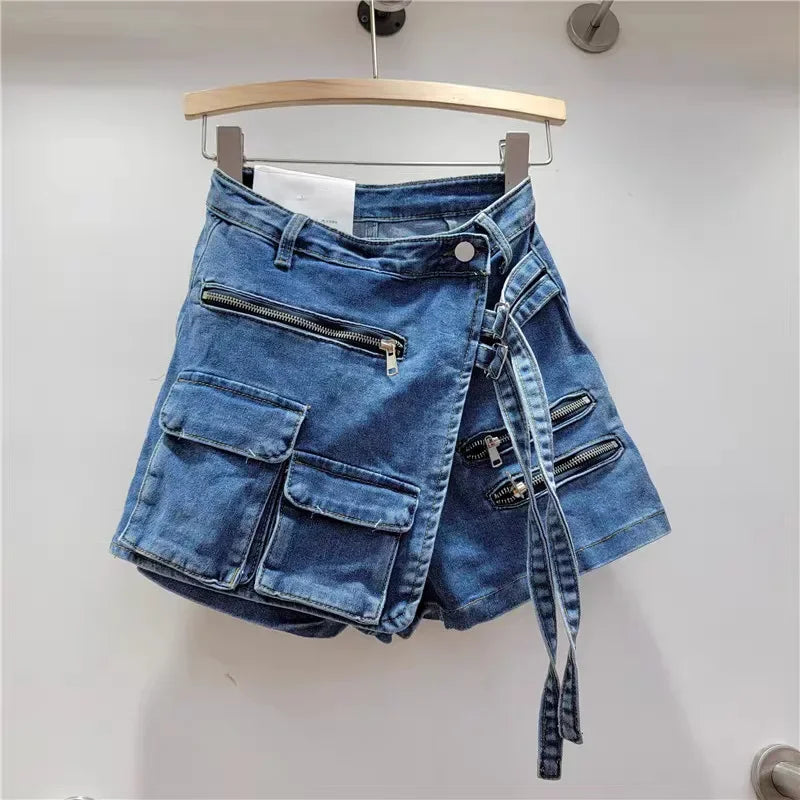 Irregular multi-pocket tooling A-word shorts women's loose wide-leg pants 2024 summer strap-on denim skirt pants