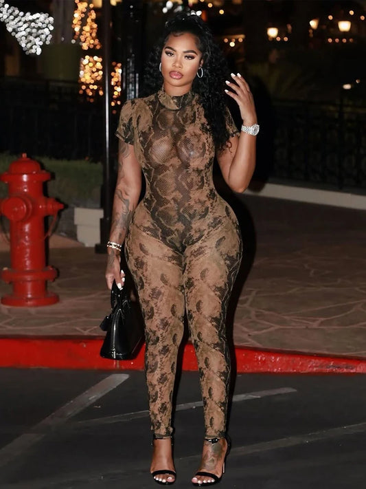 Weird Puss Serpentine Jumpsuit Women See Through Backless Short Sleeve Sexy Fit Summer Workout Overalls Stretch Button Clubwear