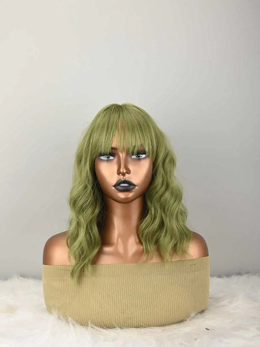Natural Green Synthetic Wavy Bob Wig With Bangs For Women