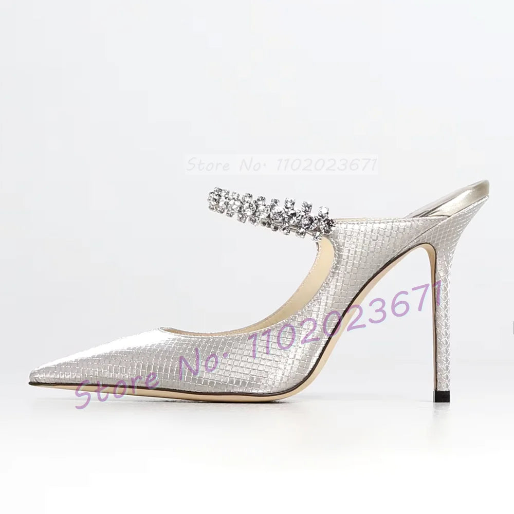 Metallic Silver Rhinestone Arch Strap High Heel Mules for Women