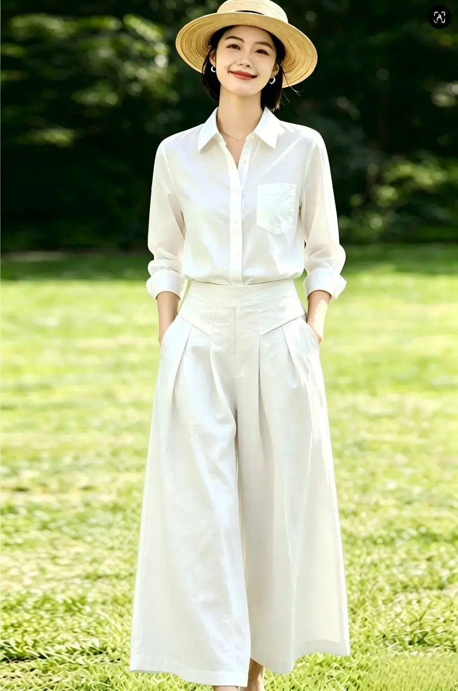 High-Waisted Cotton Linen Wide-Leg Culottes for Women
