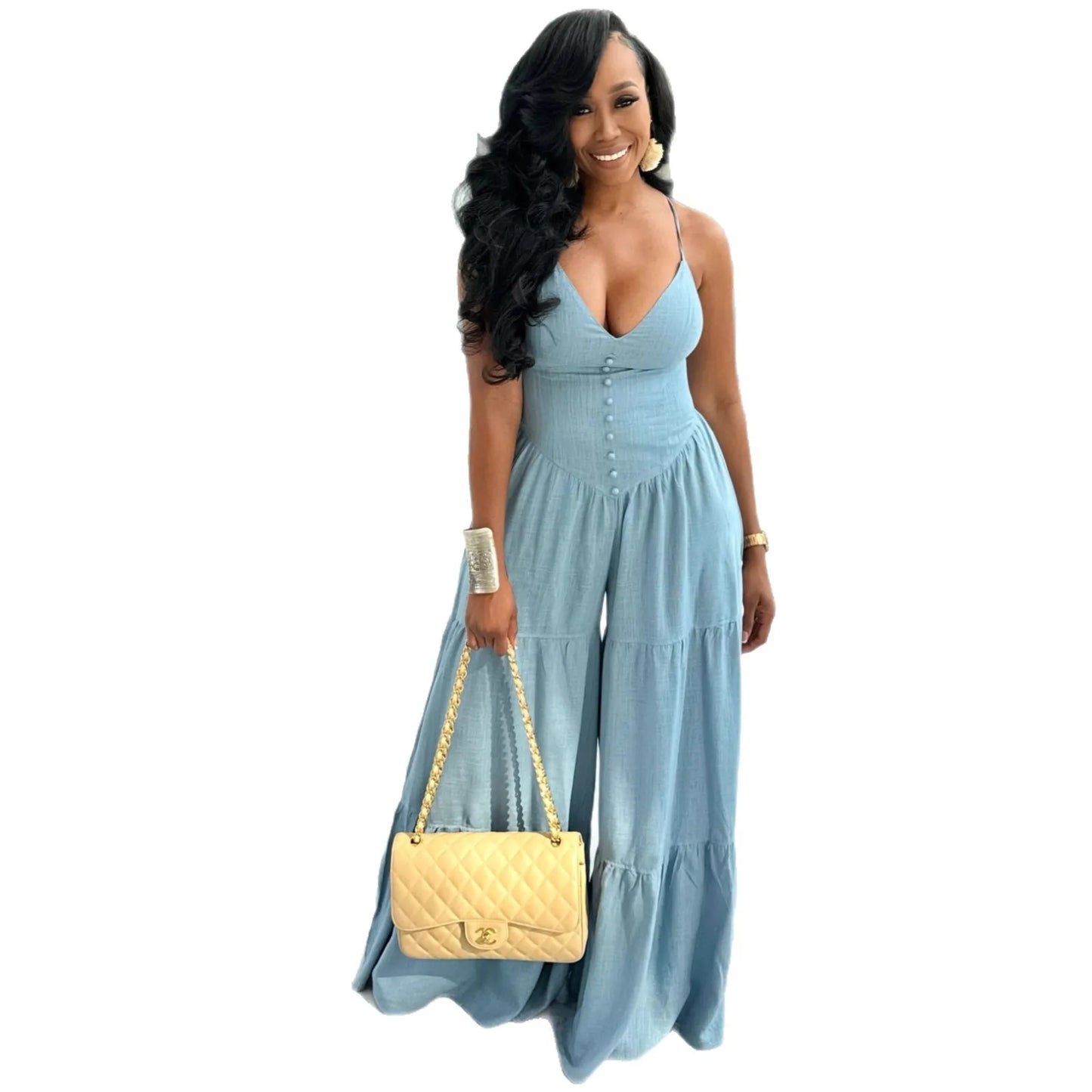 Spaghetti Strap Wide-Leg Jumpsuit with Button Details for Women