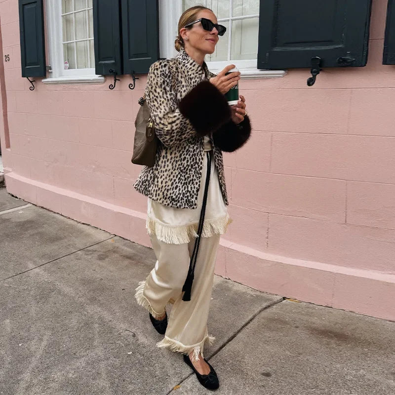 Fitted Vintage Leopard Patchwork Faux Fur Coat for Women