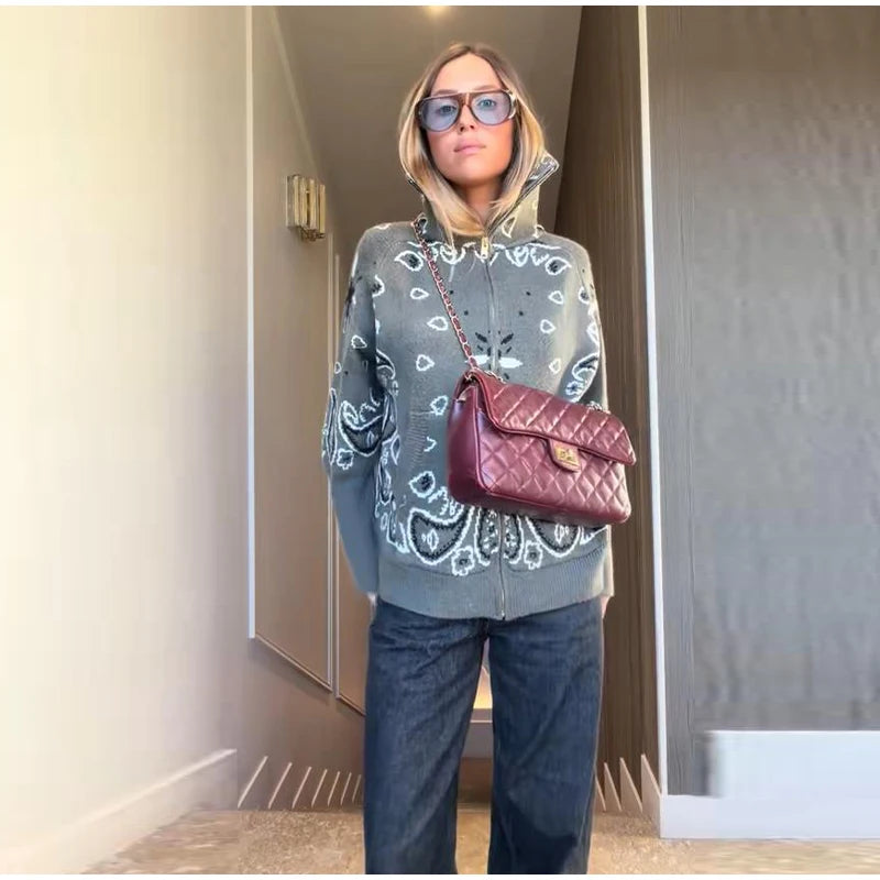 Gray Jacquard Knit Loose Cardigan Long Sleeve Casual for Women