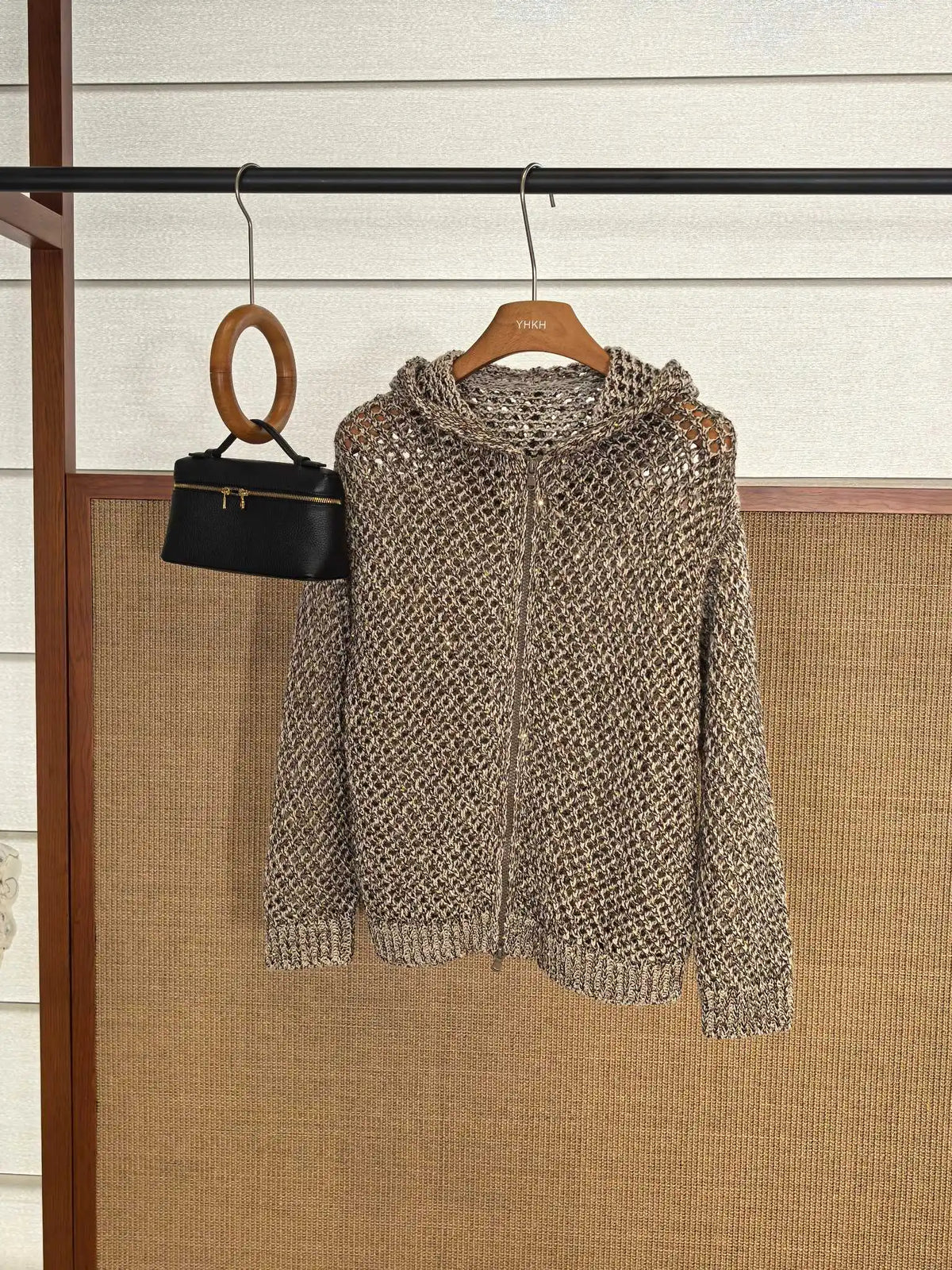 Sequined Hooded Knit Cardigan with Zipper for Women