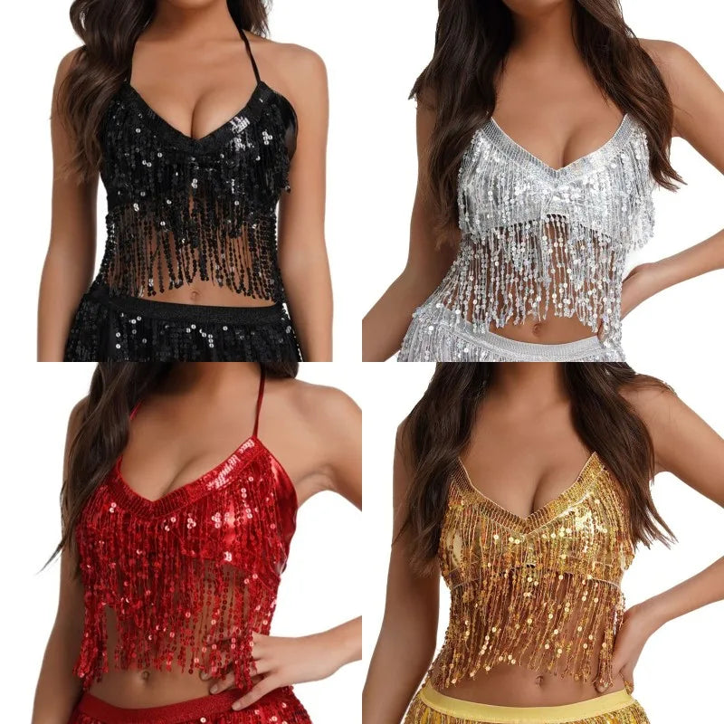 Sequined Tassel Latin Dance Crop Top and Skirt Set for Women