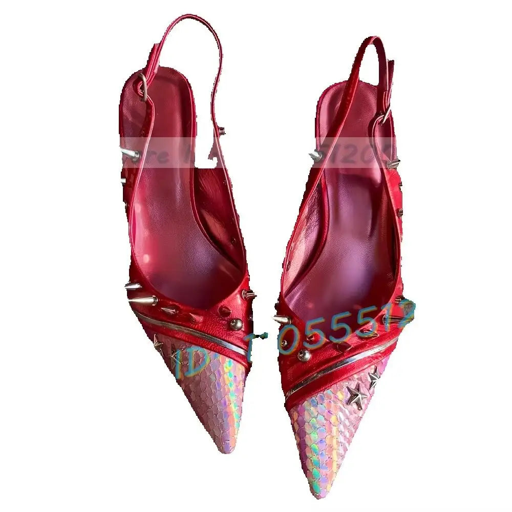 Colorful Fish Print Pointed Red Patent Leather Sandals for Women