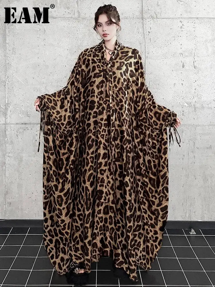 Leopard Print V-Neck Long Sleeve Midi Dress for Women