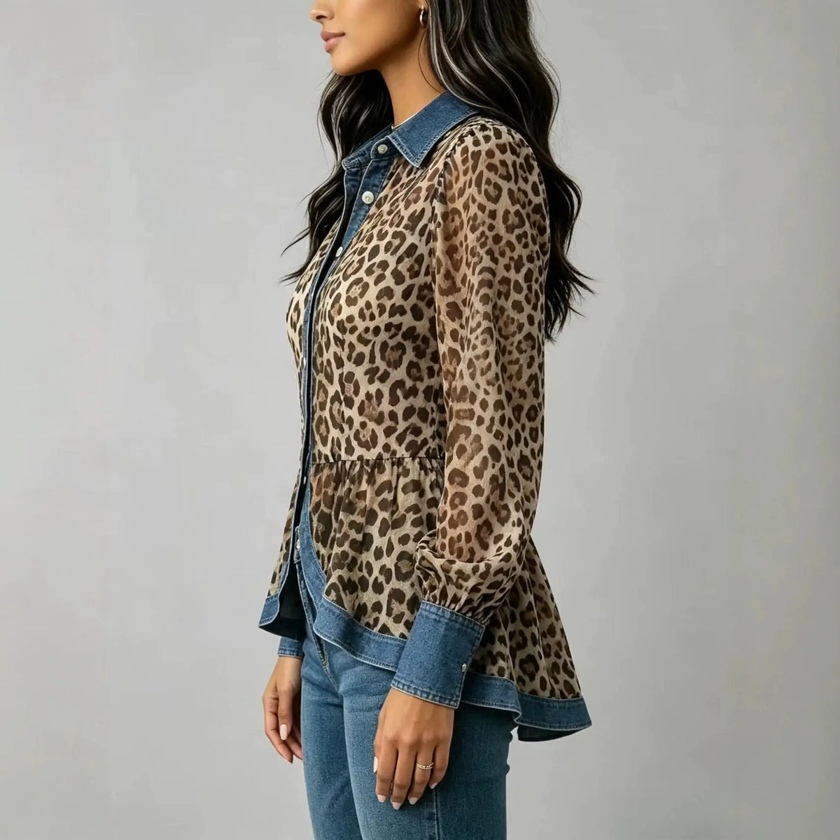 Leopard Print Chiffon Peplum Long Sleeve Blouse for Women