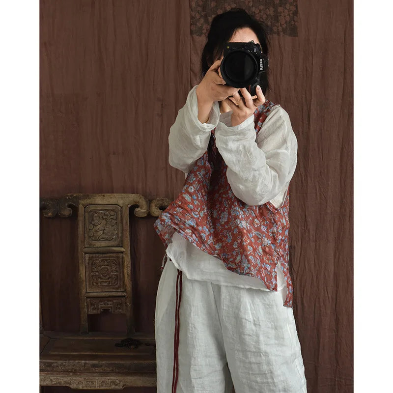 Casual Linen Tank Top With Vintage Floral Print for Women