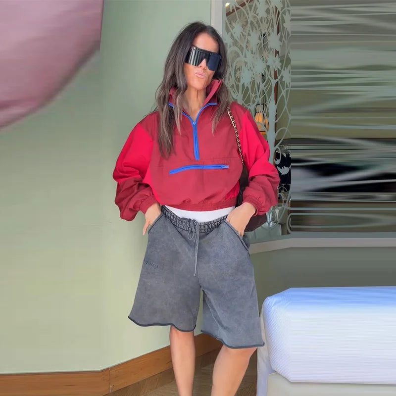 Contrast Half-Zip Stand Collar Short Jacket for Women