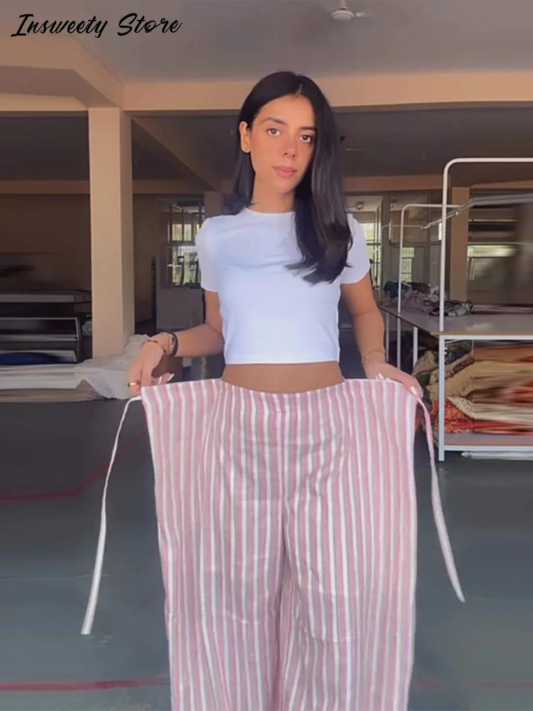 Pink And White Striped Wide Leg Pants With Sash Belt for Women