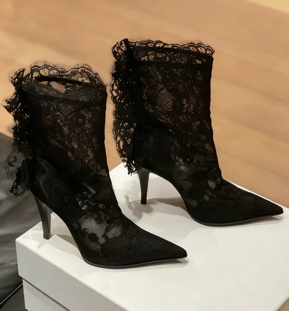 Burgundy Lace Stiletto Boots