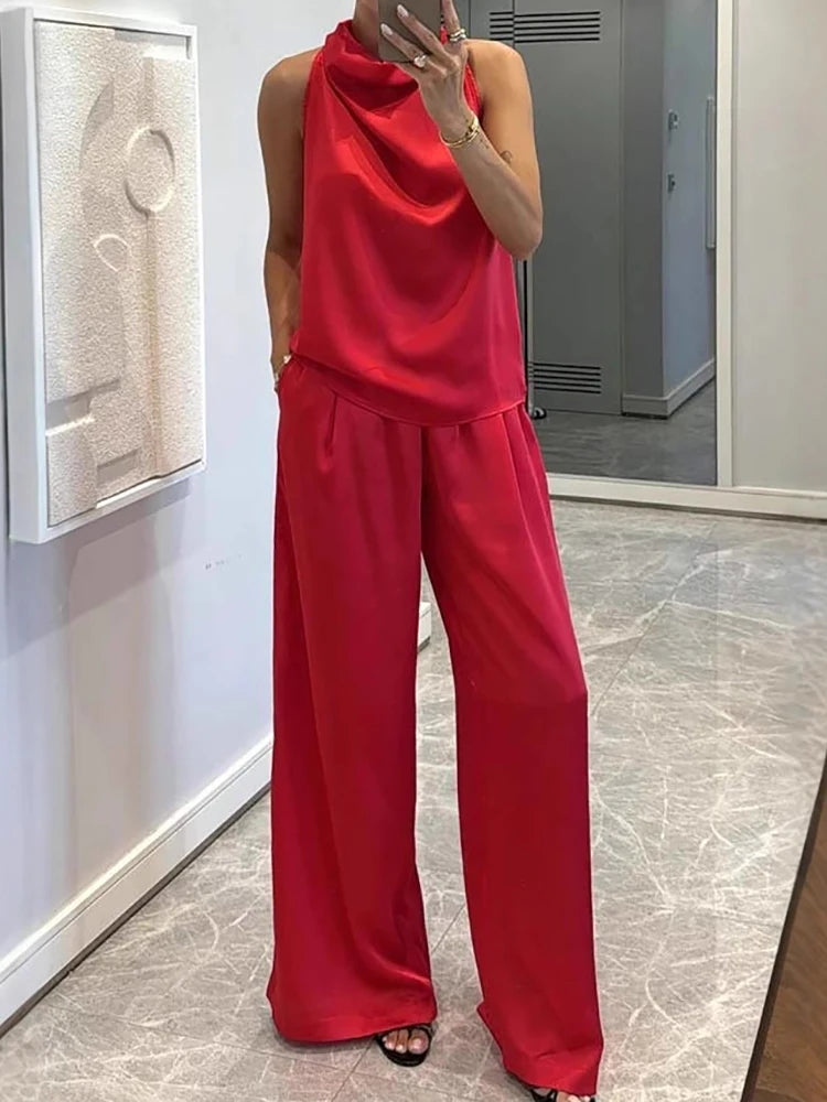 Pile Collar Sleeveless Top Wide Leg Pants 2CPS Sets, Women Summer Loose Elastic Waist Chic Outfit, Solid Patchwork Ladies Suits