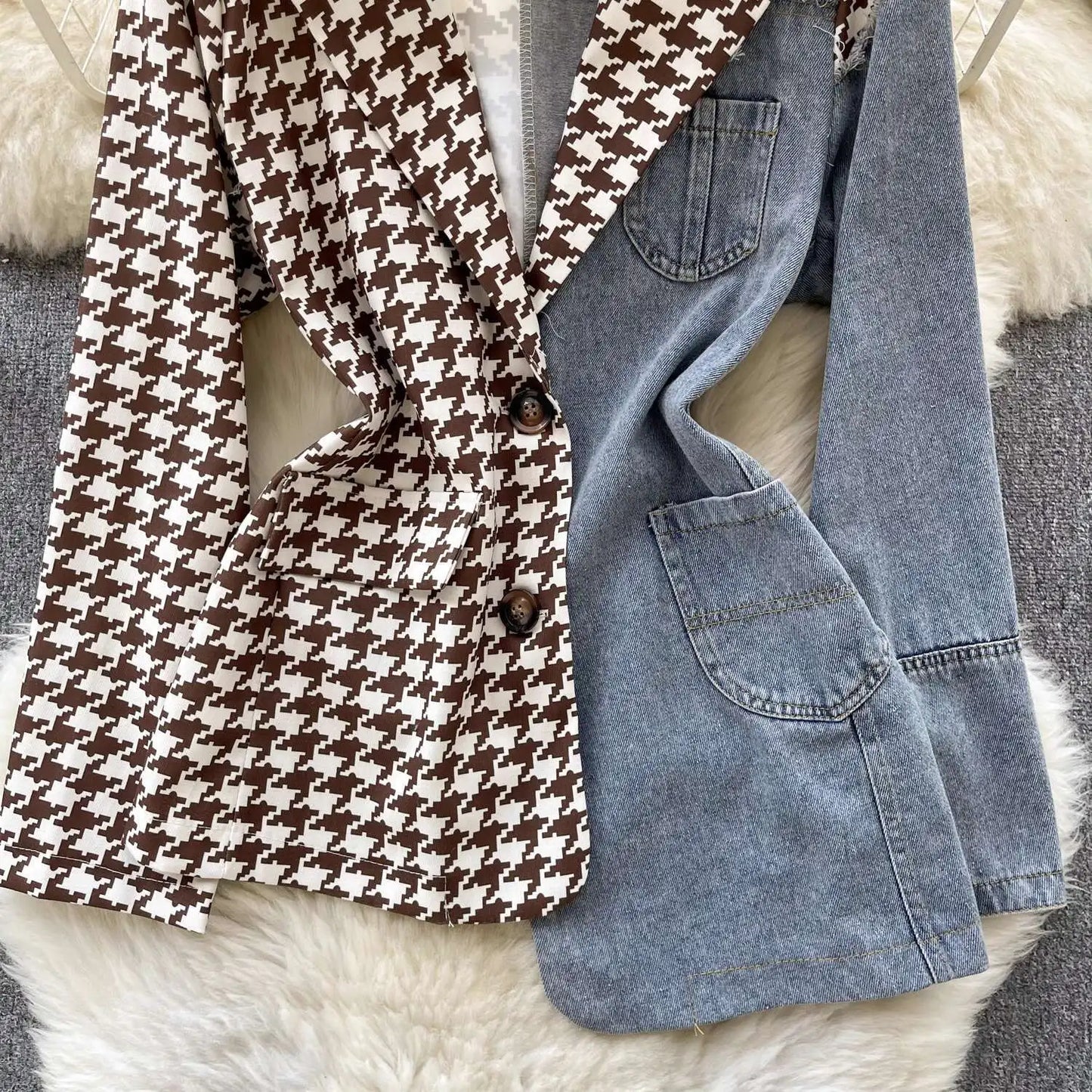 ANJY Autumn New Women Vintage Streetwear Ins Stylish Denim Patchwork Single Breasted Coat Casual Elegant Asymmetric Blazer A8421