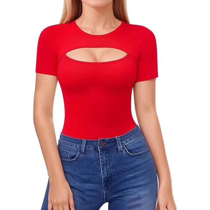Seductive Tops Intricate Hollow Lacework T-Shirt Figure Hugging RoundNeck Blouse Classic Comfortable SolidColor Shirt