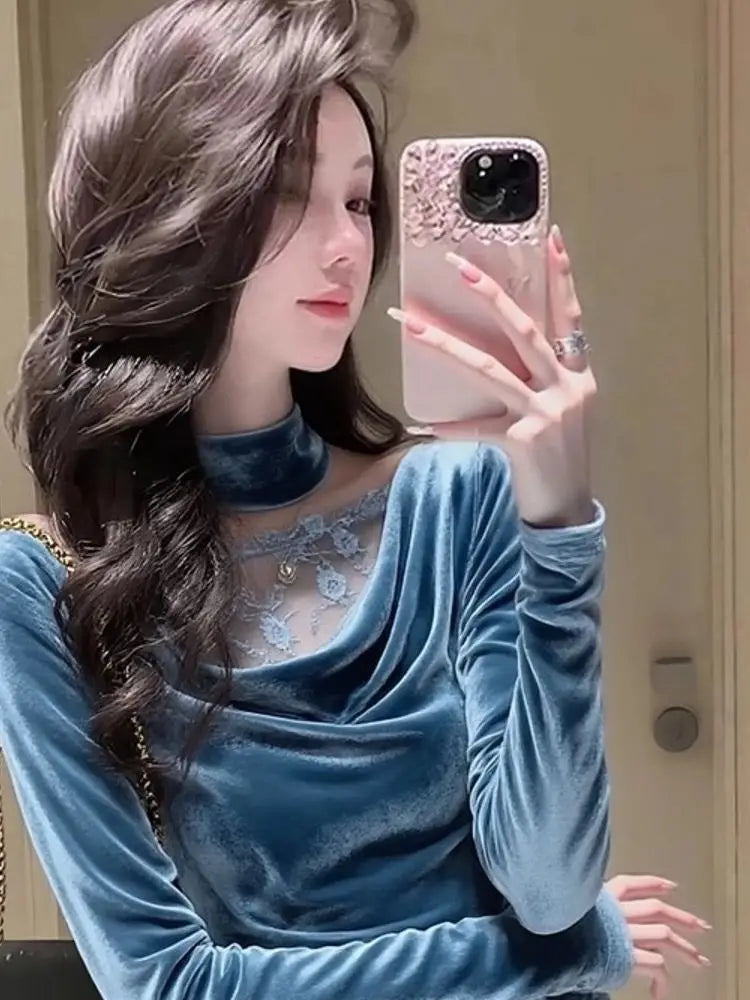 Elegant Blue Velvet Lace Trim Slim Fit Blouse For Women
