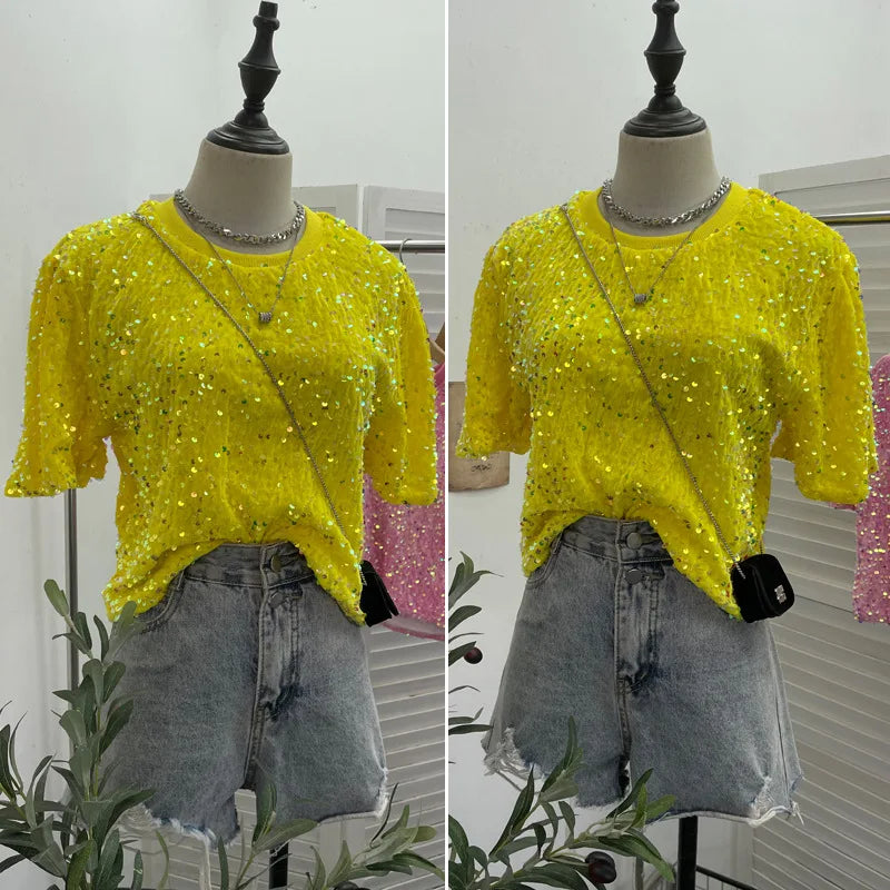 Spicy Girl Pink Sequins Short Sleeve T-shirt Round Neck Slimming Crop Top Blingbling Sexy Nightclub Multi Color Casual Tees