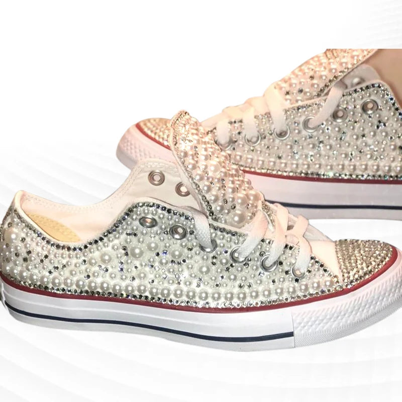 Handmade Pearl Rhinestone Low Top Canvas Shoes for Women