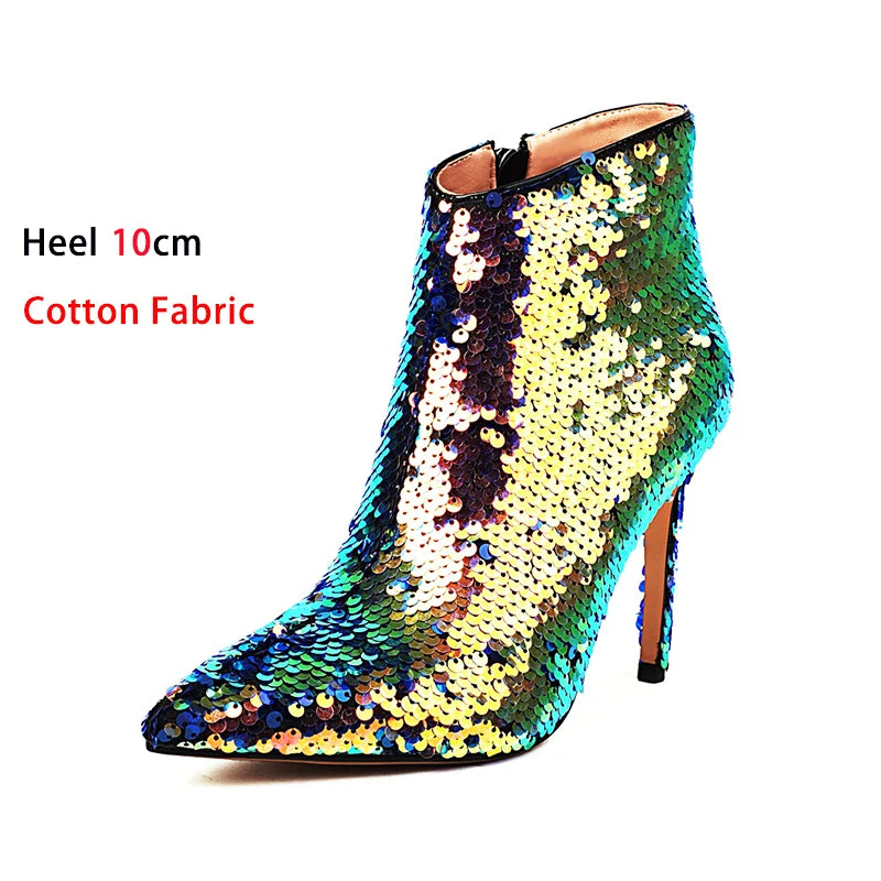 Sequined Pointed Toe Ankle Boots with Stiletto Heels for Women