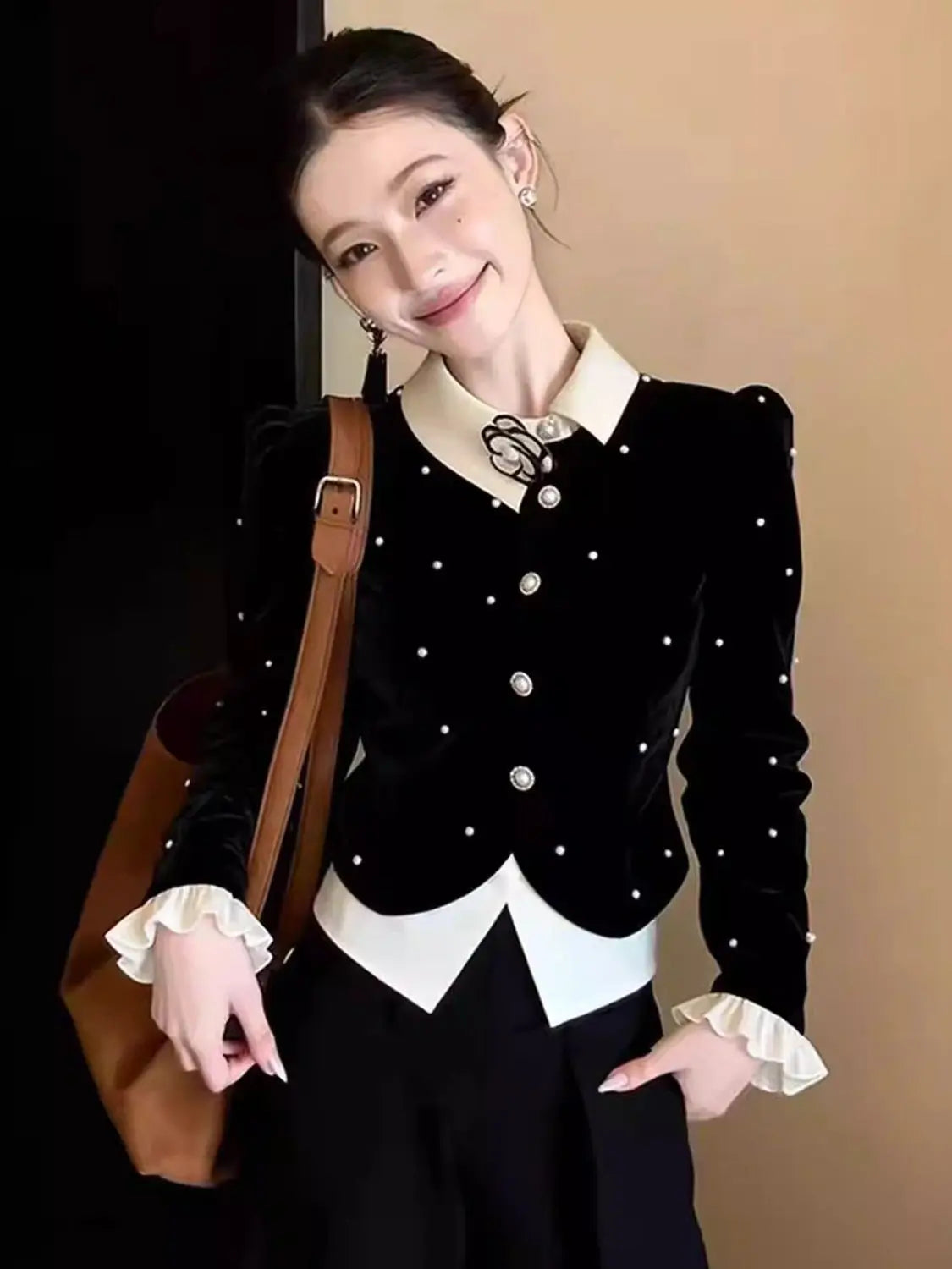 Elegant Single Breasted Long Sleeve Velvet Shirt for Women