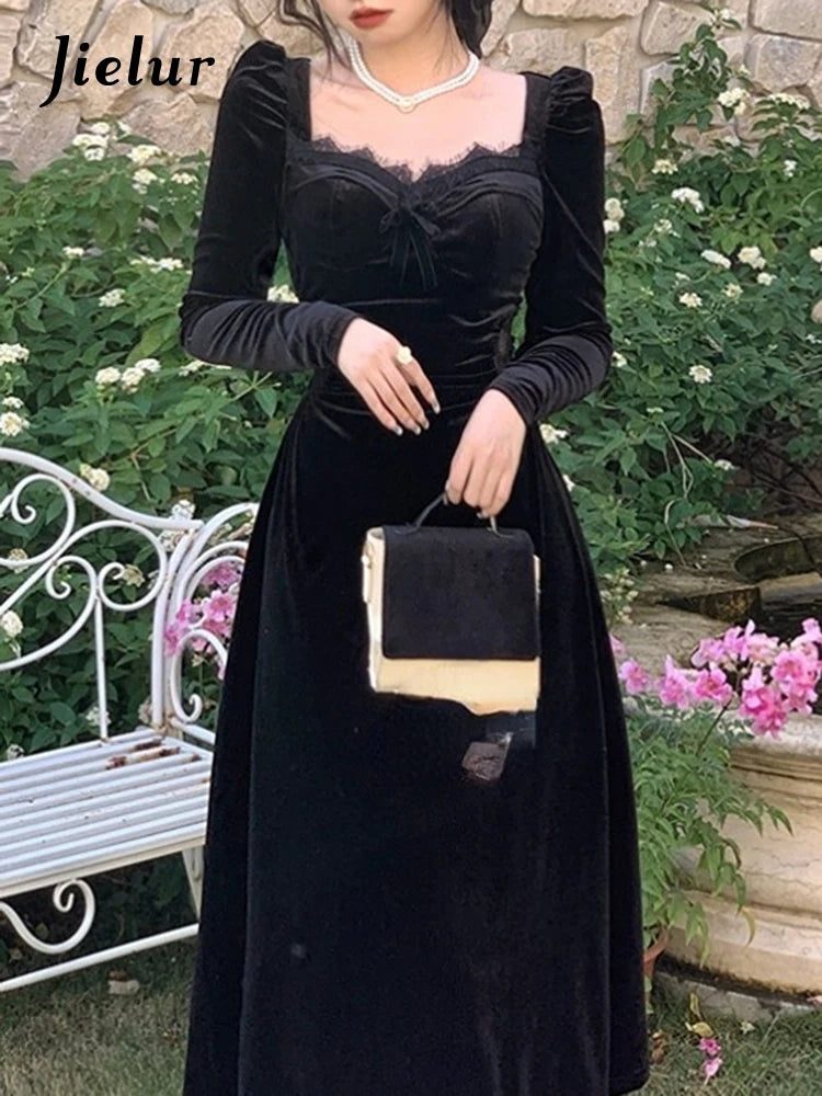 Elegant Gothic Velvet Long Sleeve Midi Dress for Women