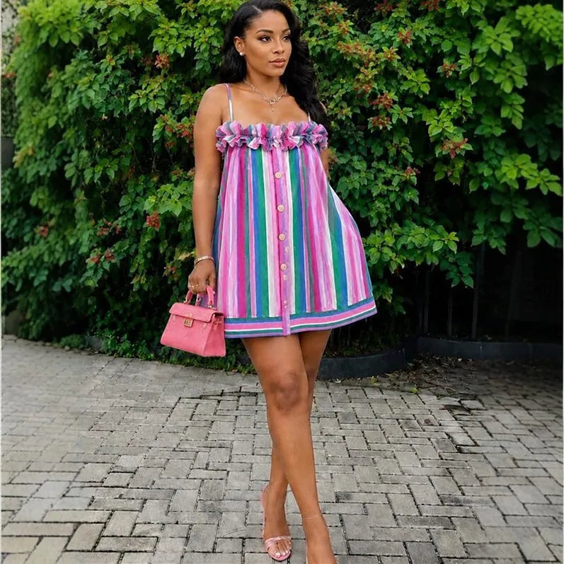 Lightweight Thin Strap Ruffle Trim Striped Mini Dress for Women