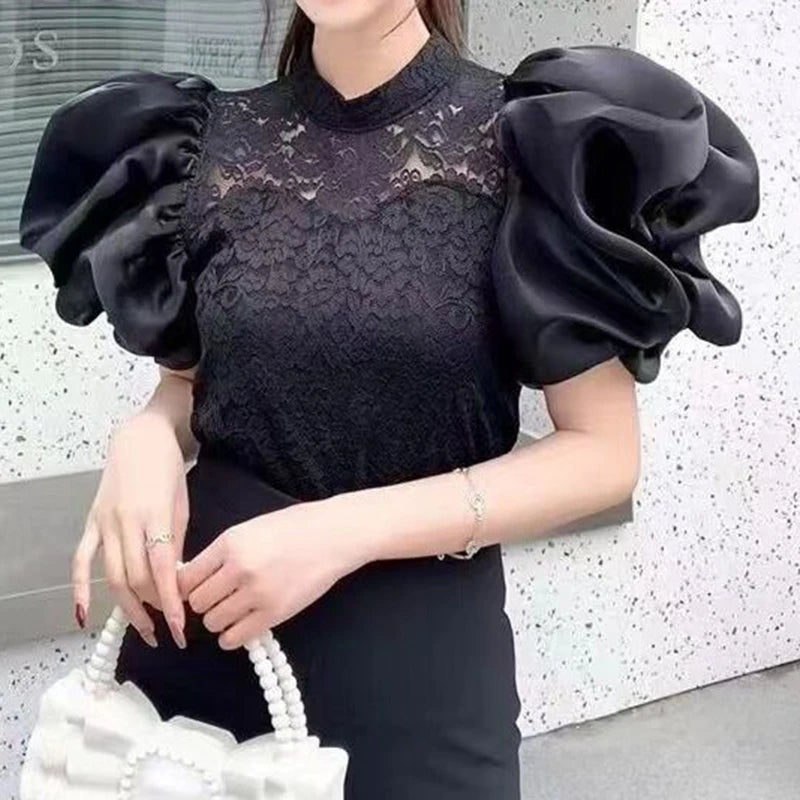 Korean V-Neck Bubble Sleeve Irregular Pleated Top for Women