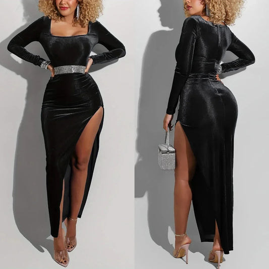 Womens Sexy Bodycon Velvet Long Sleeve Maxi Dress with Split Elegant Fall Dresses for Wedding Guest Club Party