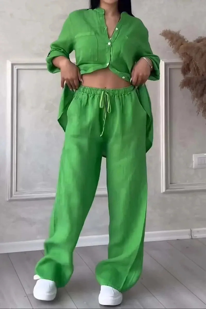 Loose Cotton Linen Shirt And Wide Leg Pants Set For Women