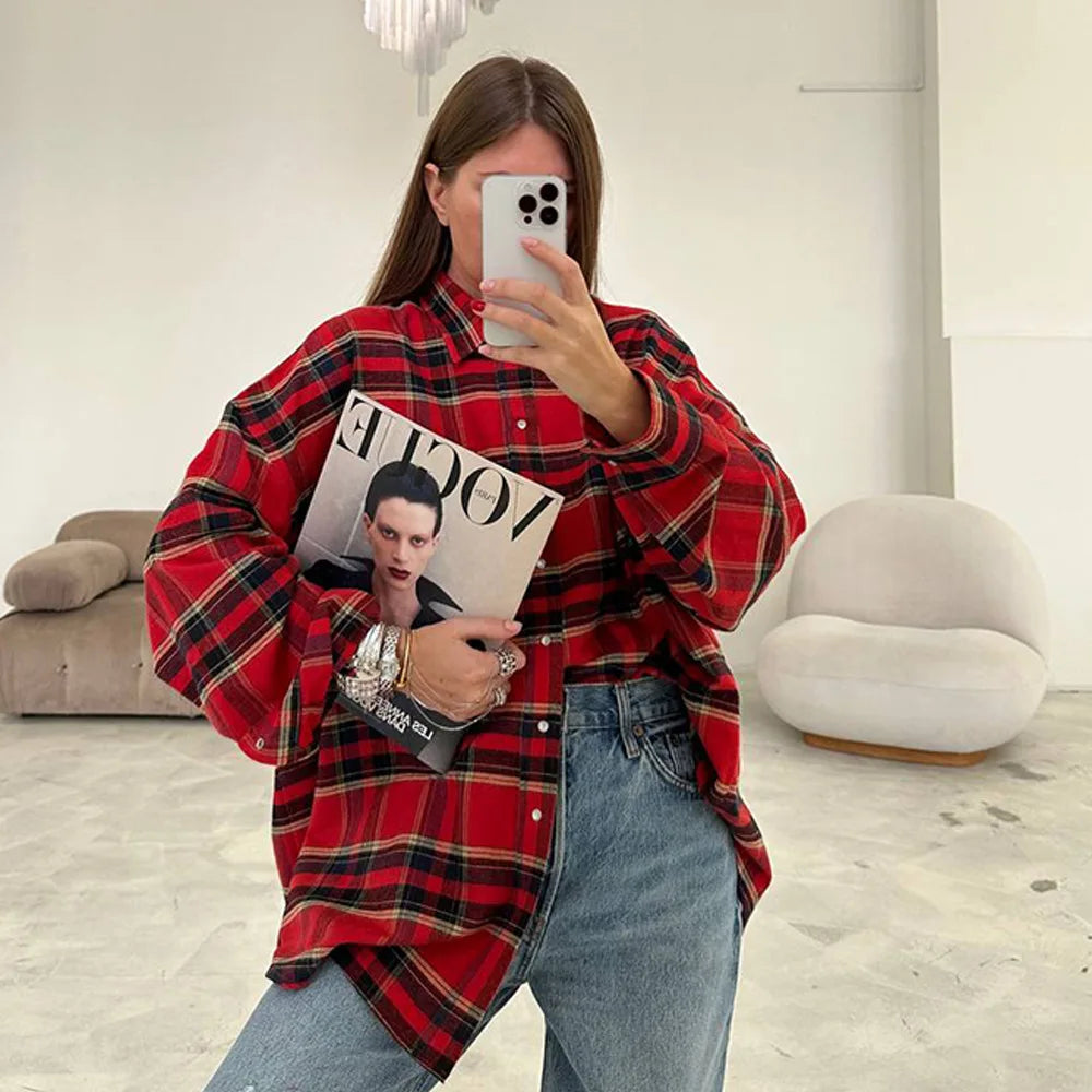 FSMG-Versatile Plaid Shirt For Women, Red Bright Grid, Oversized Blouse, Leisure And Fashionable Top, Spring And Autumn Seasons