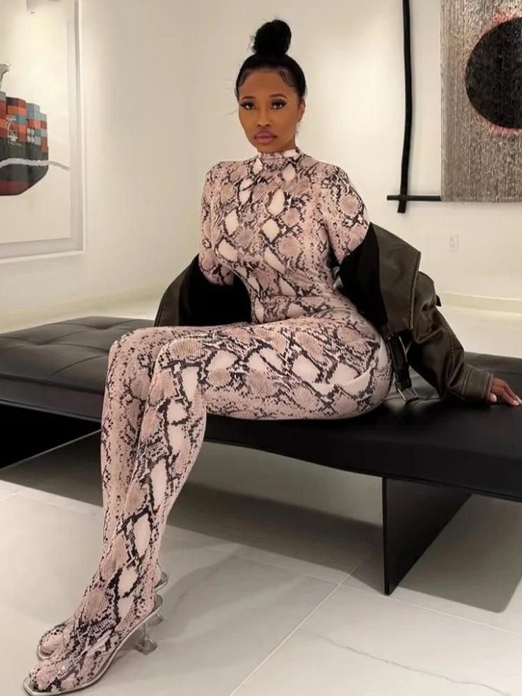 Snake Print Long Sleeve Zip Up Stretch Jumpsuit for Women
