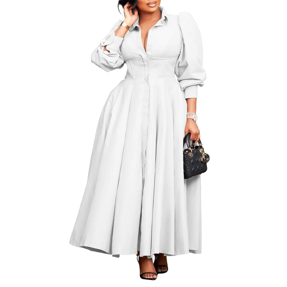 Plus Size V-Neck Long Sleeve Ankle-Length Dress for Women