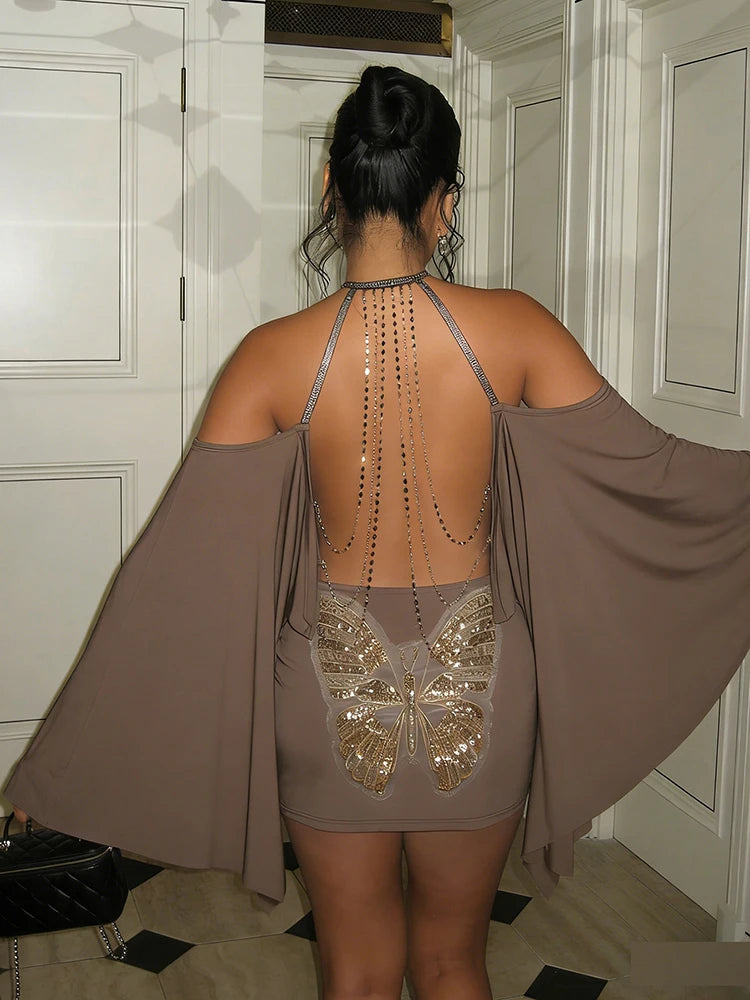 Metal Chain Backless Halter Batwing Collar Dress for Women