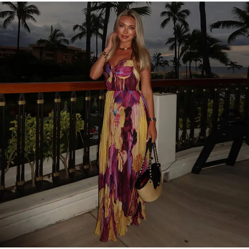Elegant Floral Print Pleated Floor Length Dress For Women