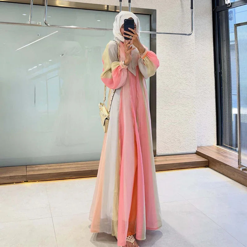 Elegant Chic Color Stripe Balloon Sleeve Dress for Women