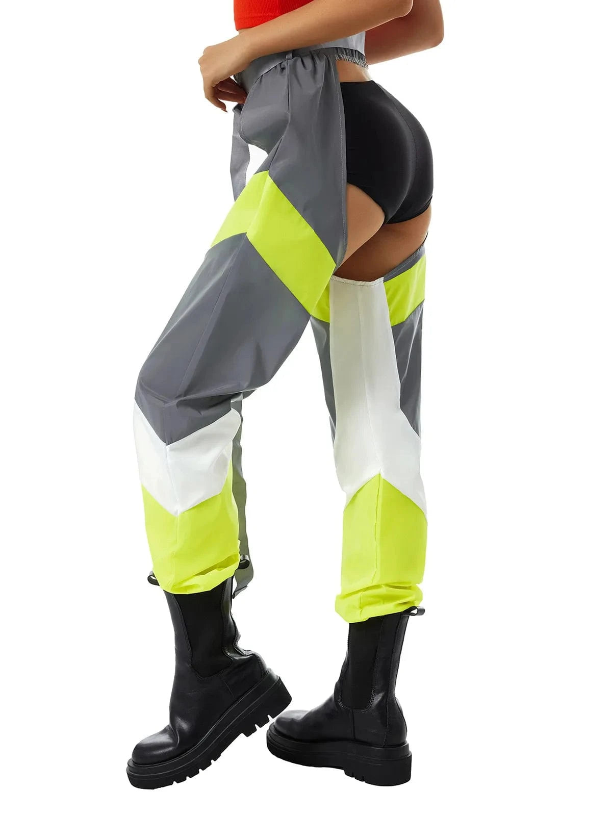 hirigin Women Buckles Bottomless Pants High Waist Cargo Trousers Crothchless Color Block Boggy Trousers Long Rave Legging