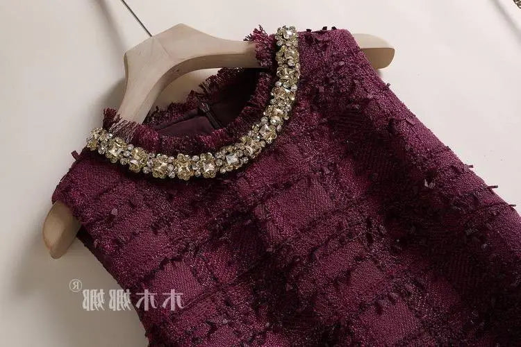 Elegant Tweed Beaded Pocket A-Line Dress for Women