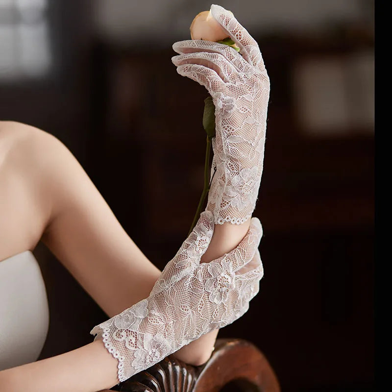 Floral Embroidered Bridal Tulle Gloves