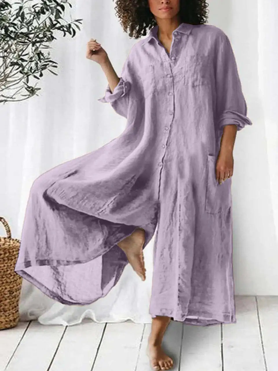 Oversized Cotton Linen Wide Leg Jumpsuit with Pockets for Women