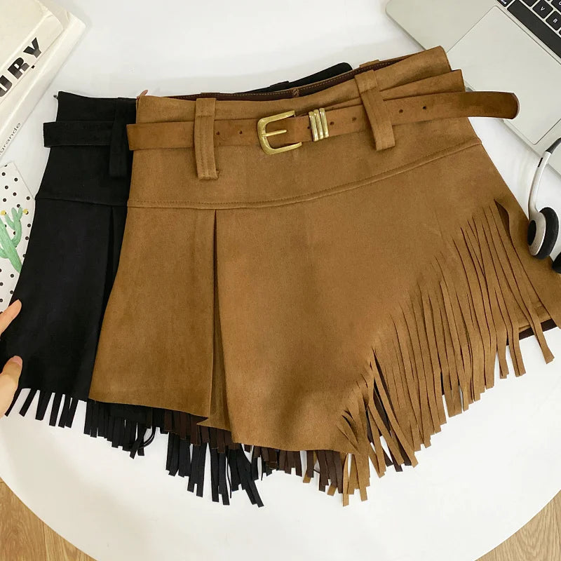 Tassel Detail Faux Suede Shorts