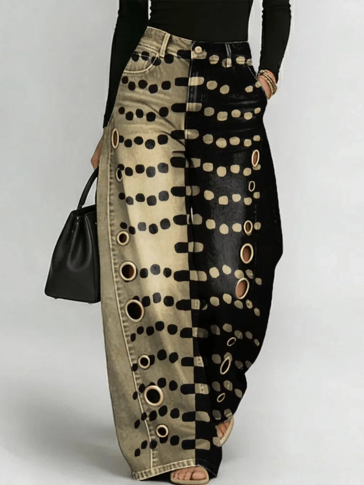 Asymmetric Two Tone Polka Dot Wide Leg Jeans With Bow for Women