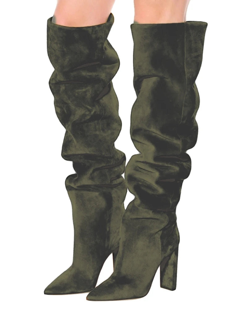 Beige Square Heel Slip-On Over-the-Knee Boots for Women