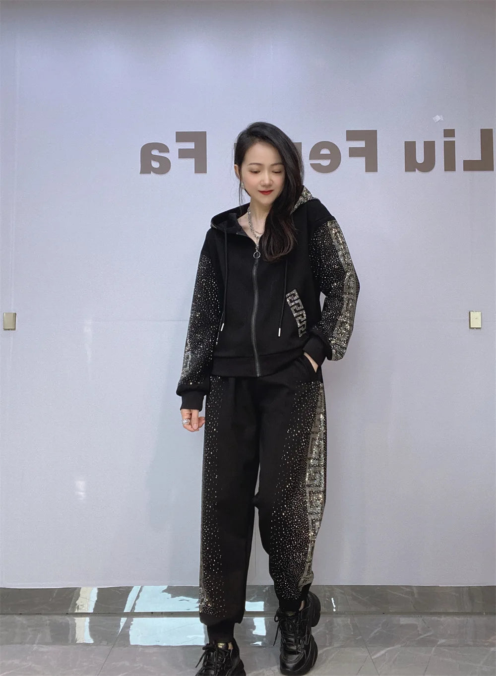 Fashion Diamonds Side Two Piece Sets Womens Outifits Casual Zipper Cardigan Autumn Tracksuit Hooded Tops and Long Pants Suits