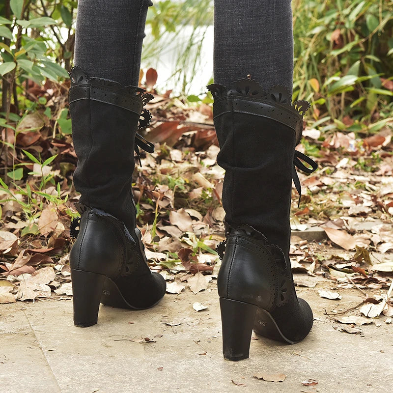 Vintage Lace Up Ruffle Hoof Heel Knee High Boots For Women