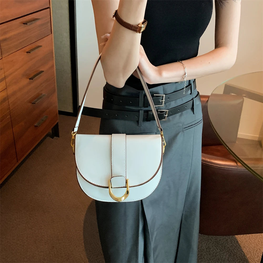 Solid Color Leather With Golden Hardware Saddle Shoulder Bag for Women