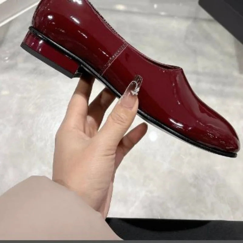 Low Heel Slip On Patent Leather Round Toe Pumps for Women